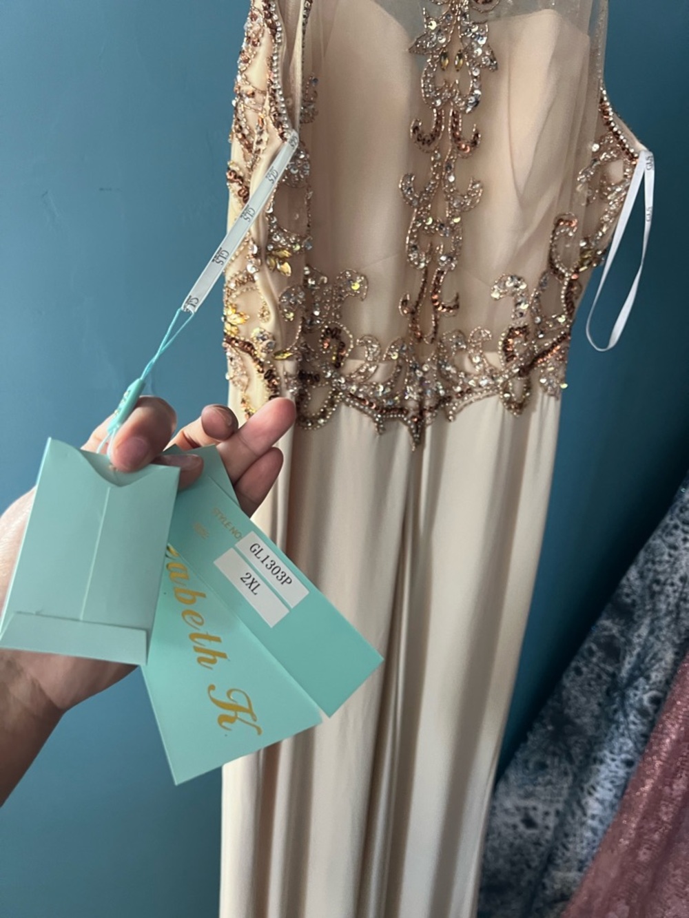 Cream Gown with Gold Embellished Bodice - Picture 4 of 10